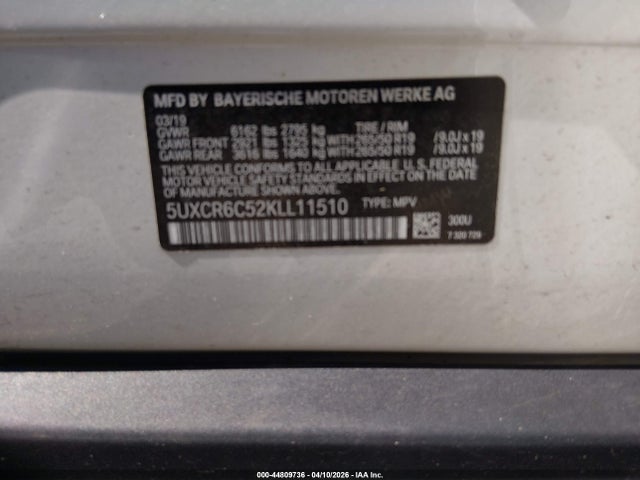 2019 Bmw X5 Xdrive40i მანქანა იყიდება აუქციონზე, vin: 5UXCR6C52KLL11510, აუქციონის ნომერი: 44809736