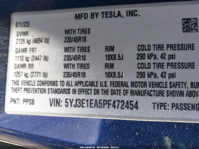 Продаж на аукціоні авто 2023 Tesla Model 3 Rear-wheel Drive, vin: 5YJ3E1EA5PF472454, номер лоту: 44809742