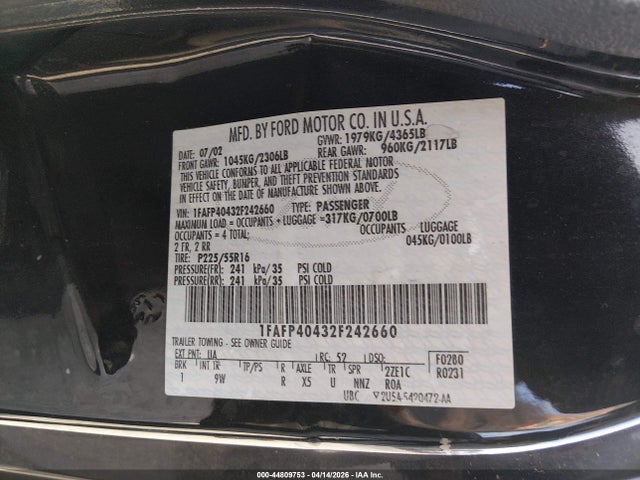 Продаж на аукціоні авто 2002 Ford Mustang, vin: 1FAFP40432F242660, номер лоту: 44809753
