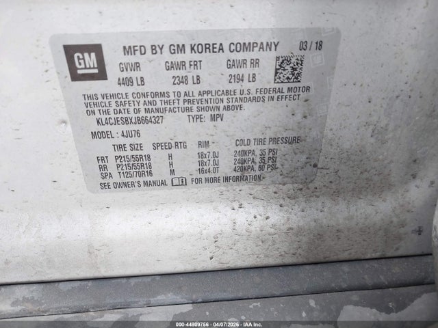 44809756 :رقم المزاد ، KL4CJESBXJB664327 vin ، 2018 Buick Encore Preferred مزاد بيع