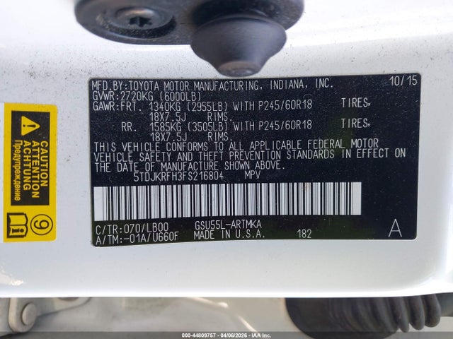 5TDJKRFH3FS216804 Toyota Highlander Xle V6