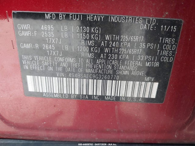 2016 Subaru Outback 2.5i Premium მანქანა იყიდება აუქციონზე, vin: 4S4BSAEC9G3260770, აუქციონის ნომერი: 44809762