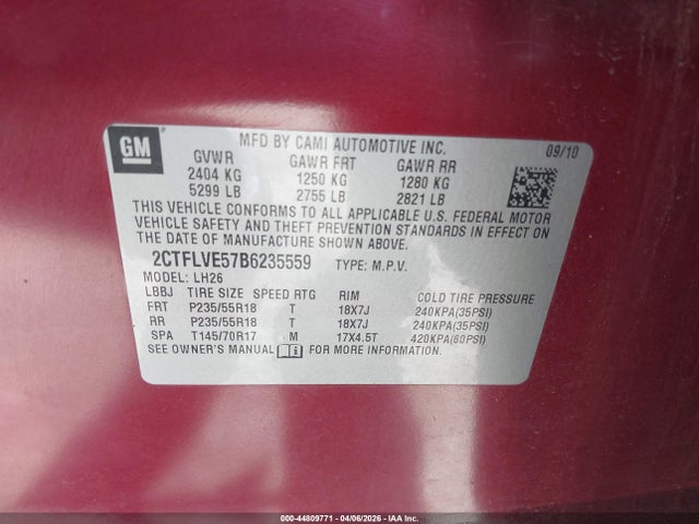Aukcja sprzedaży 2011 Gmc Terrain Slt-1, vin: 2CTFLVE57B6235559, numer aukcji: 44809771