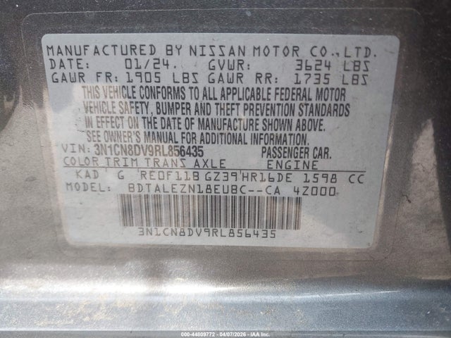 44809772 :رقم المزاد ، 3N1CN8DV9RL856435 vin ، 2024 Nissan Versa 1.6 S مزاد بيع
