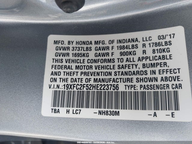 Aukcja sprzedaży 2017 Honda Civic Lx, vin: 19XFC2F52HE223756, numer aukcji: 44809783