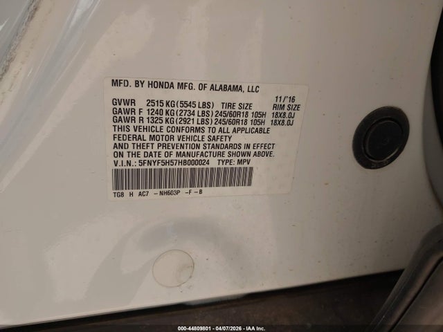 5FNYF5H57HB000024 Honda Pilot Ex-l