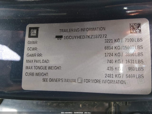 Продажа на аукционе авто 2019 Chevrolet Silverado 1500 High Country, vin: 1GCUYHED7KZ187272, номер лота: 44809802