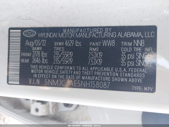 Aukcja sprzedaży 2022 Hyundai Tucson Sel, vin: 5NMJC3AE5NH158087, numer aukcji: 44809805