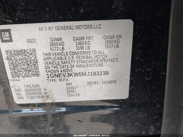 Aukcja sprzedaży 2021 Chevrolet Traverse Awd Rs, vin: 1GNEVJKW5MJ183238, numer aukcji: 44809807