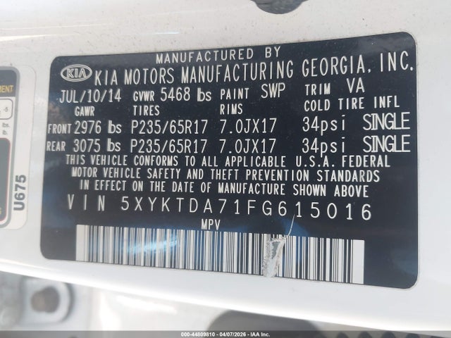 2015 Kia Sorento Lx V6 მანქანა იყიდება აუქციონზე, vin: 5XYKTDA71FG615016, აუქციონის ნომერი: 44809810