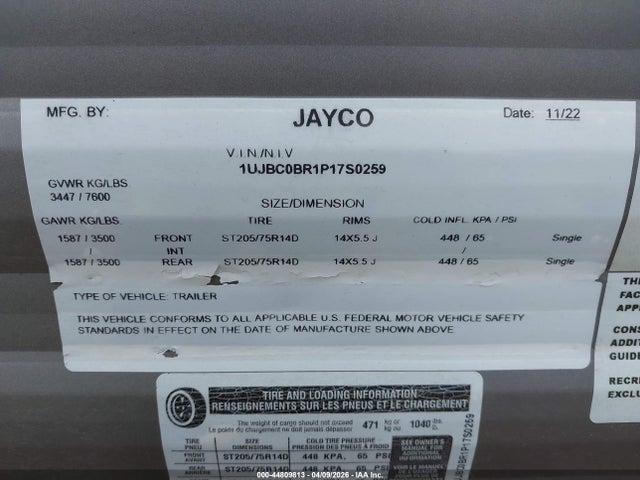 Продаж на аукціоні авто 2023 Jayco Jay Flight, vin: 1UJBC0BR1P17S0259, номер лоту: 44809813