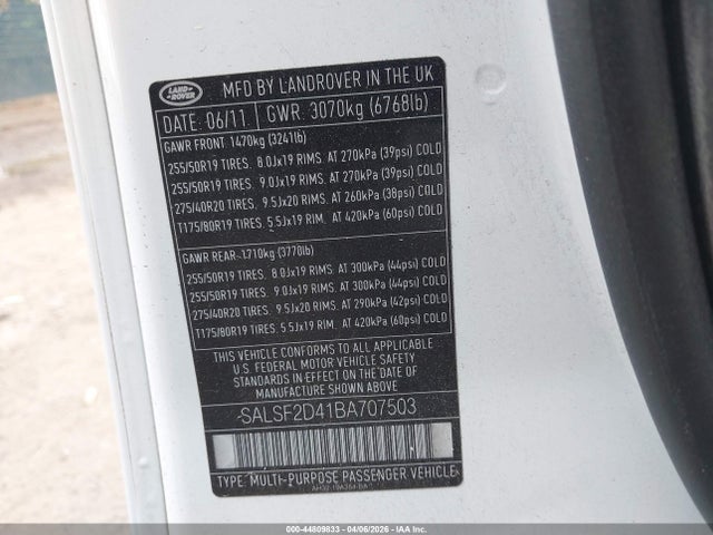 Aukcja sprzedaży 2011 Land Rover Range Rover Sport Hse, vin: SALSF2D41BA707503, numer aukcji: 44809833