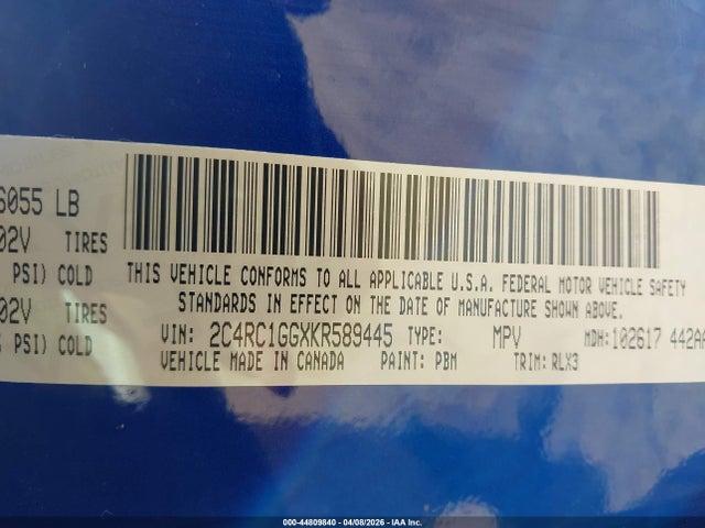 44809840 :رقم المزاد ، 2C4RC1GGXKR589445 vin ، 2019 Chrysler Pacifica Limited مزاد بيع