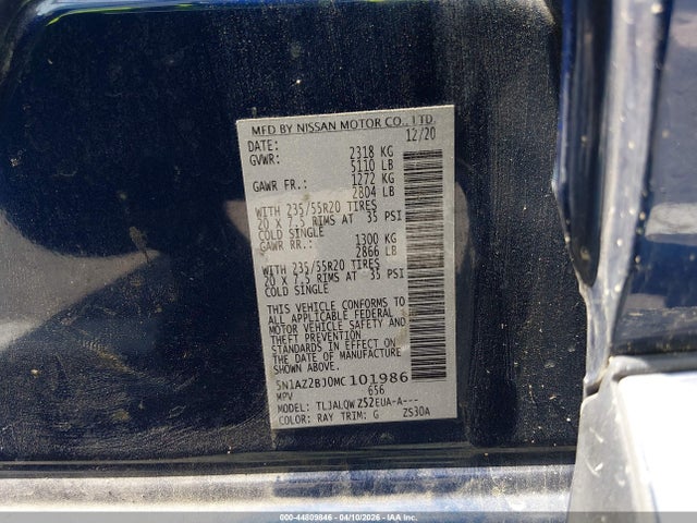 Auction sale of the 2021 Nissan Murano Sv Fwd, vin: 5N1AZ2BJ0MC101986, lot number: 44809846