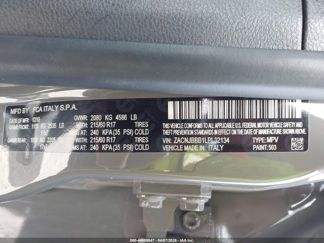 44809847 :رقم المزاد ، ZACNJBBB1LPL32134 vin ، 2020 Jeep Renegade Altitude 4x4 مزاد بيع
