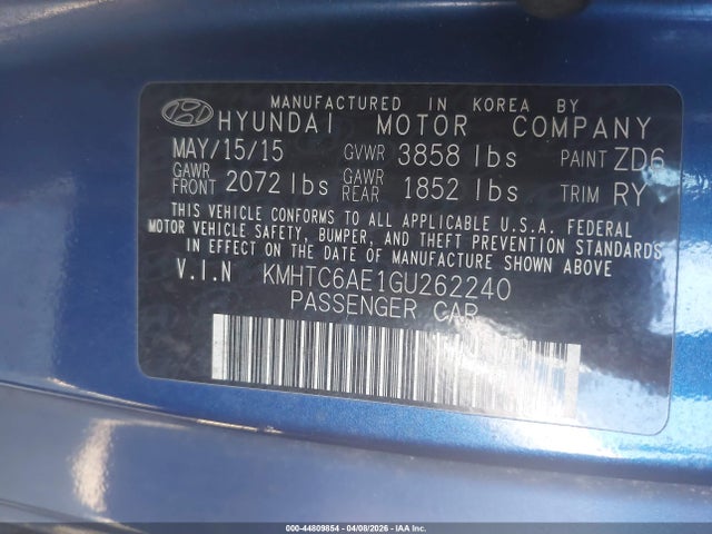 Aukcja sprzedaży 2016 Hyundai Veloster Turbo, vin: KMHTC6AE1GU262240, numer aukcji: 44809854