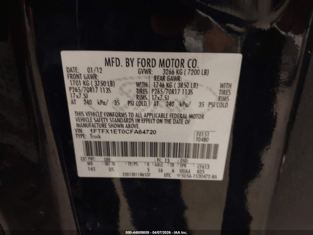 Aukcja sprzedaży 2012 Ford F-150 Xlt, vin: 1FTFX1ET0CFA64720, numer aukcji: 44809859