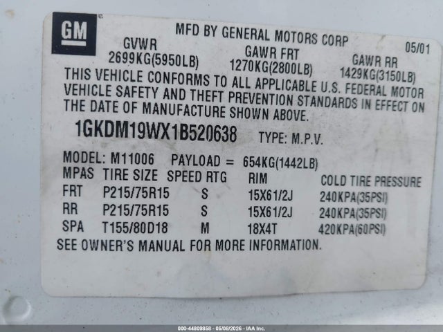 Продаж на аукціоні авто 2001 Gmc Safari Sle, vin: 1GKDM19WX1B520638, номер лоту: 44809858