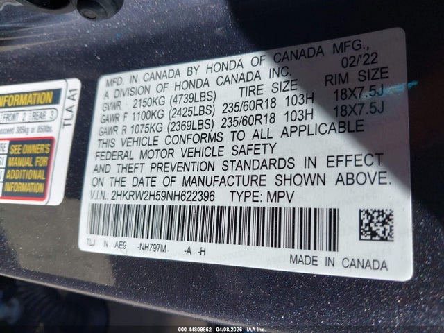 Продажа на аукционе авто 2022 Honda Cr-v Awd Ex, vin: 2HKRW2H59NH622396, номер лота: 44809862