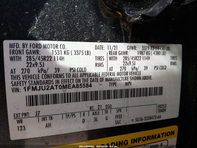 44809863 :رقم المزاد ، 1FMJU2AT0MEA85584 vin ، 2021 Ford Expedition Limited مزاد بيع