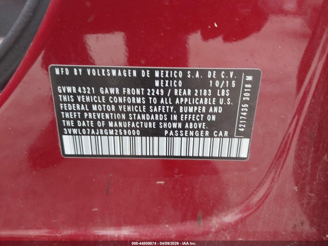 44809874 :رقم المزاد ، 3VWL07AJ8GM259000 vin ، 2016 Volkswagen Jetta 1.8t Sel مزاد بيع