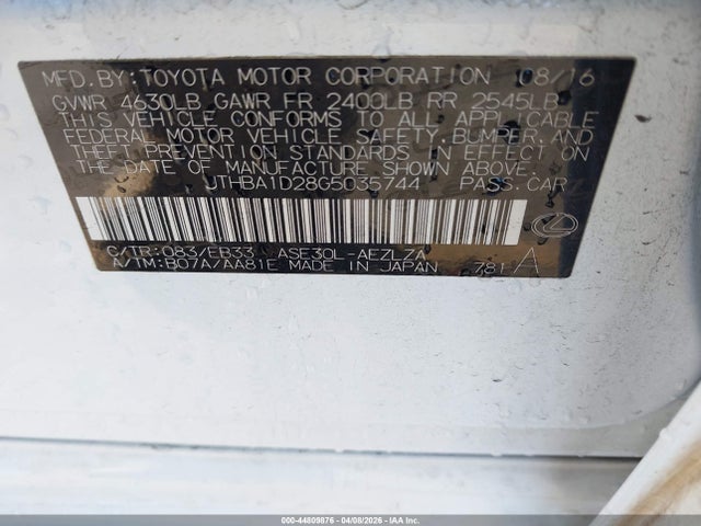 44809876 :رقم المزاد ، JTHBA1D28G5035744 vin ، 2016 Lexus Is 200t مزاد بيع
