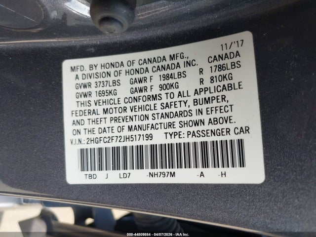 Honda CIVIC EX 2018 2HGFC2F72JH517199 Image 9