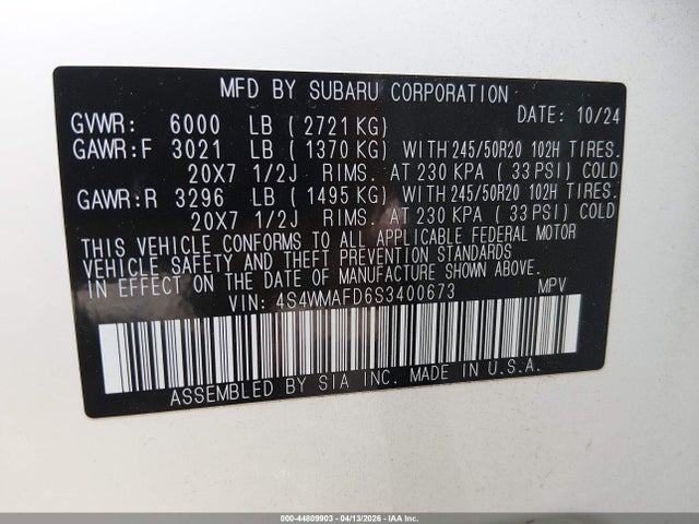 Aukcja sprzedaży 2025 Subaru Ascent Onyx Edition 7-passenger, vin: 4S4WMAFD6S3400673, numer aukcji: 44809903