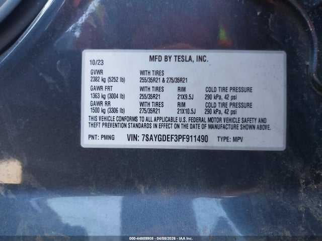 2023 Tesla Model Y Performance Dual Motor All-wheel Drive მანქანა იყიდება აუქციონზე, vin: 7SAYGDEF3PF911490, აუქციონის ნომერი: 44809908
