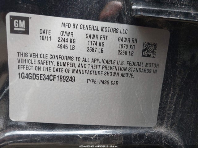 44809909 :رقم المزاد ، 1G4GD5E34CF189249 vin ، 2012 Buick Lacrosse Premium 1 Group مزاد بيع