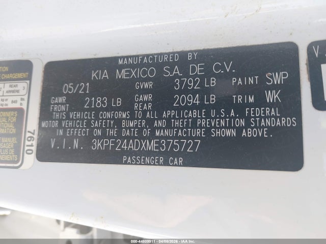 Aukcja sprzedaży 2021 Kia Forte Lxs, vin: 3KPF24ADXME375727, numer aukcji: 44809911