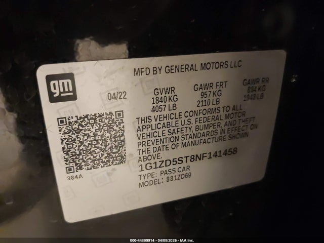 44809914 :رقم المزاد ، 1G1ZD5ST8NF141458 vin ، 2022 Chevrolet Malibu Fwd Lt مزاد بيع