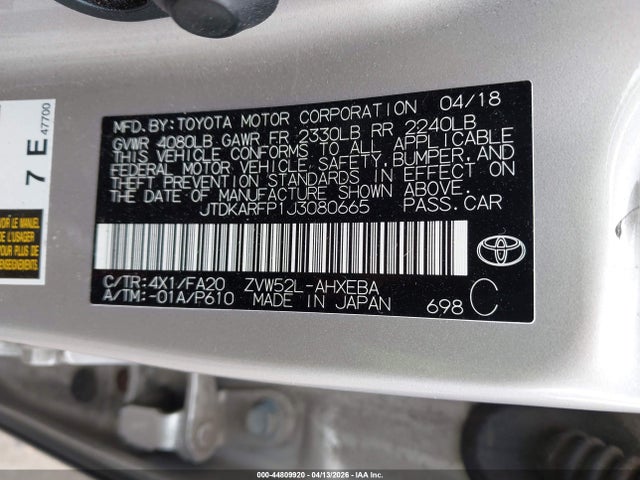 44809920 :رقم المزاد ، JTDKARFP1J3080665 vin ، 2018 Toyota Prius Prime Plus مزاد بيع