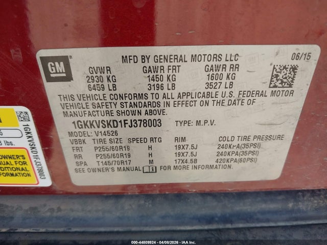44809924 :رقم المزاد ، 1GKKVSKD1FJ378003 vin ، 2015 Gmc Acadia Slt-2 مزاد بيع