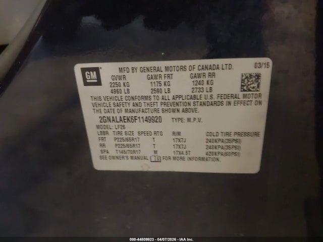 Продажа на аукционе авто 2015 Chevrolet Equinox Ls, vin: 2GNALAEK6F1149920, номер лота: 44809923