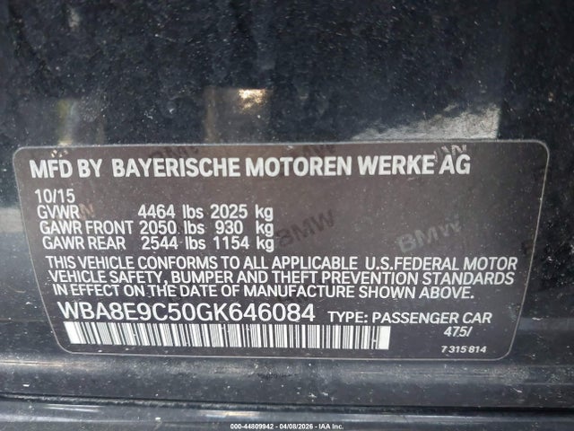44809942 :رقم المزاد ، WBA8E9C50GK646084 vin ، 2016 Bmw 328i مزاد بيع