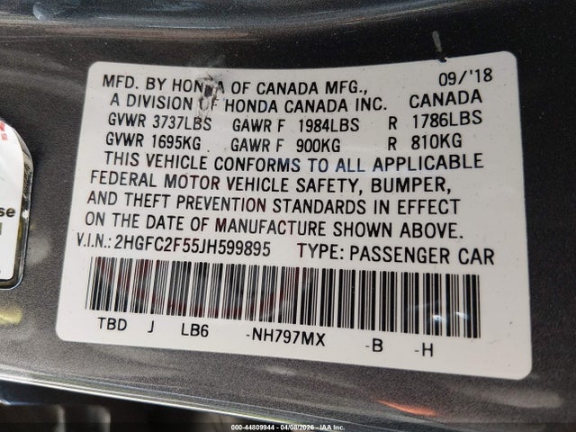 Honda Civic Lx 2018 2HGFC2F55JH599895 Image 9