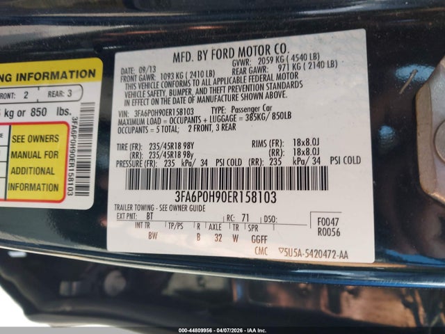 Ford FUSION SE 2014 3FA6P0H90ER158103 Image 9