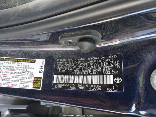 Aukcja sprzedaży 2022 Toyota Corolla Hybrid Le, vin: JTDEAMDE0NJ057400, numer aukcji: 44809963