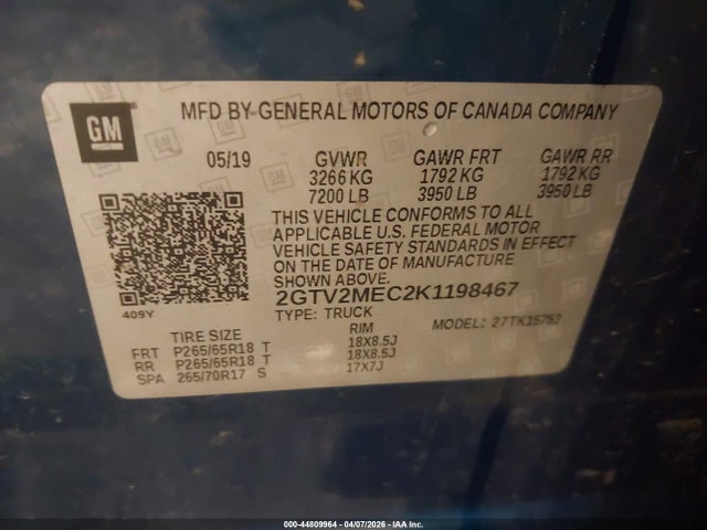 Продажа на аукционе авто 2019 Gmc Sierra 1500 Limited Sle, vin: 2GTV2MEC2K1198467, номер лота: 44809964