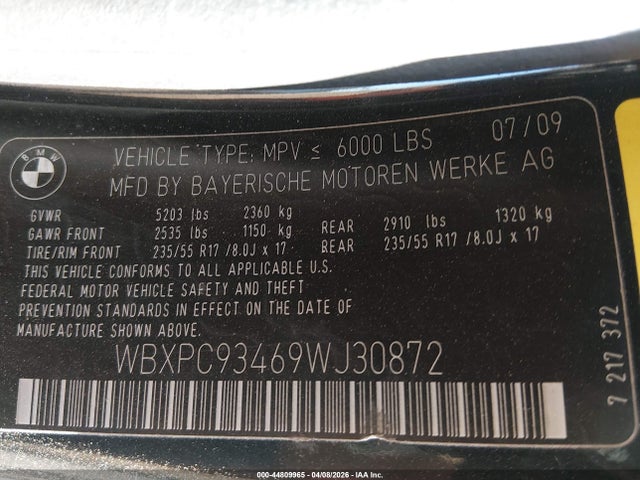 44809965 :رقم المزاد ، WBXPC93469WJ30872 vin ، 2009 Bmw X3 Xdrive30i مزاد بيع