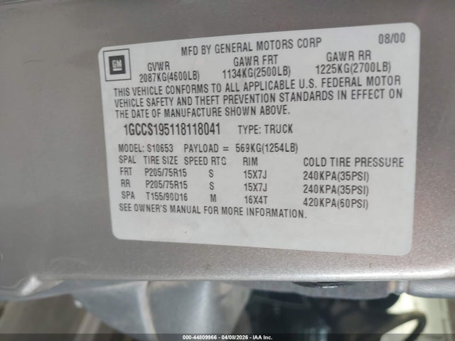 2001 CHEVROLET S-10 1GCCS195118118041 Photo 8