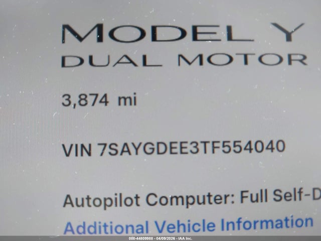 44809988 :رقم المزاد ، 7SAYGDEE3TF554040 vin ، 2026 Tesla Model Y All-wheel Drive/long Range Launch Series/premium All-wheel Drive مزاد بيع