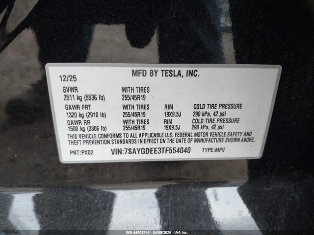 44809988 :رقم المزاد ، 7SAYGDEE3TF554040 vin ، 2026 Tesla Model Y All-wheel Drive/long Range Launch Series/premium All-wheel Drive مزاد بيع