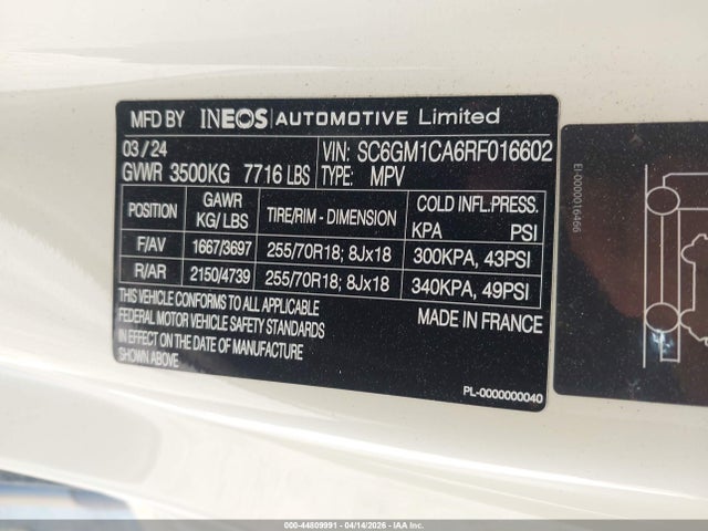 Продажа на аукционе авто 2024 Ineos Grenadier Fieldmaster Edition/trialmaster Edition, vin: SC6GM1CA6RF016602, номер лота: 44809991