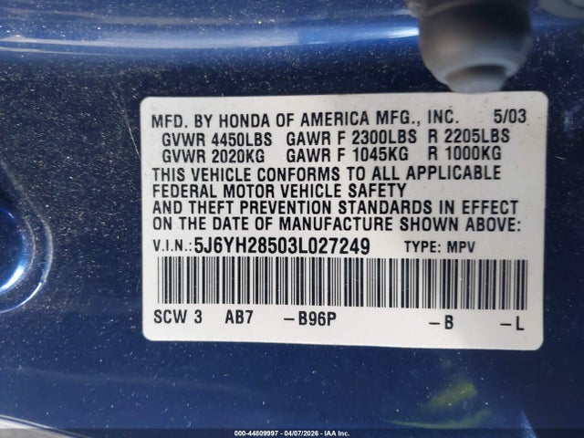 2003 HONDA ELEMENT 5J6YH28503L027249 Photo 8