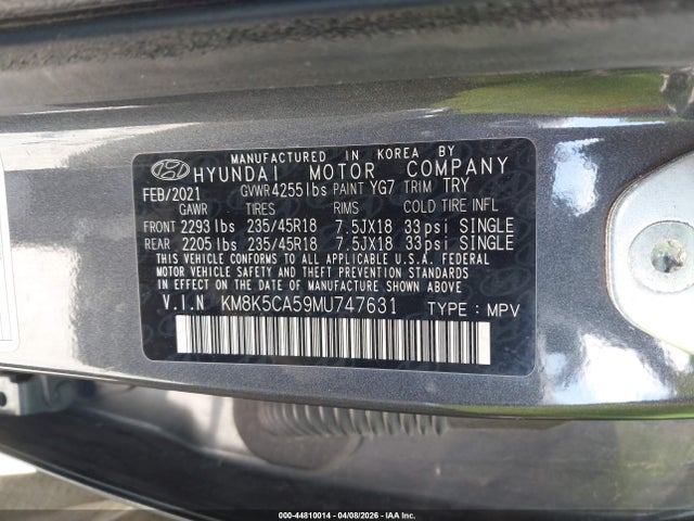 Продажа на аукционе авто 2021 Hyundai Kona Ultimate, vin: KM8K5CA59MU747631, номер лота: 44810014