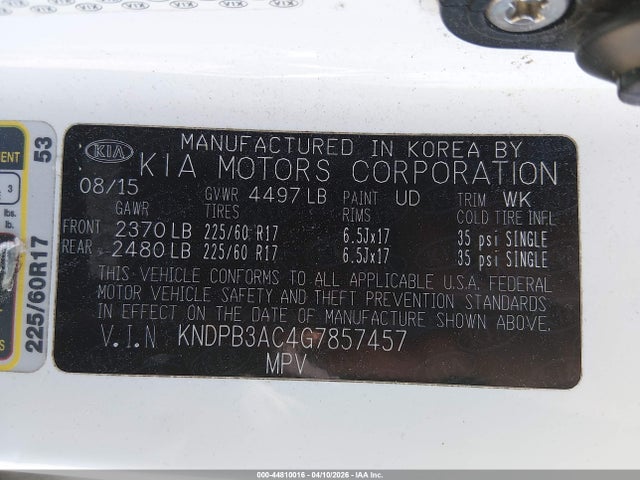 2016 Kia Sportage Lx მანქანა იყიდება აუქციონზე, vin: KNDPB3AC4G7857457, აუქციონის ნომერი: 44810016