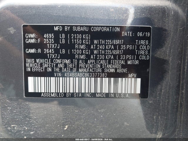 2019 SUBARU OUTBACK 4S4BSABC8K3377382 Photo 8