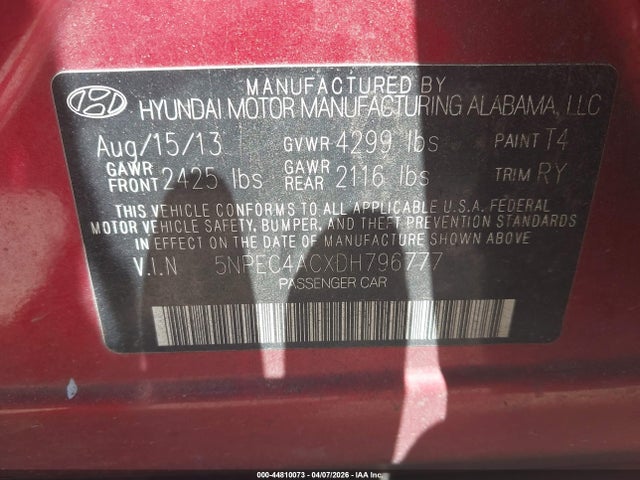 2013 Hyundai Sonata Se მანქანა იყიდება აუქციონზე, vin: 5NPEC4ACXDH796777, აუქციონის ნომერი: 44810073